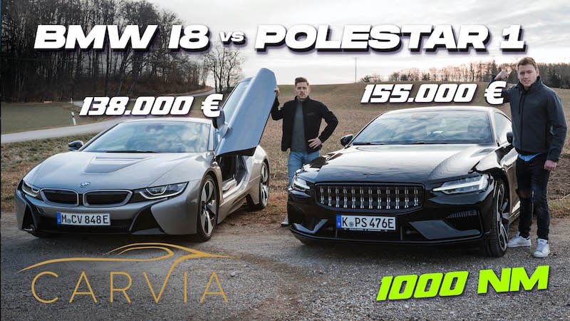 BMW i8 mit Kaufpreis und offener Tuer sowie Polestar 1 in schwarz